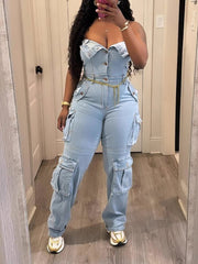Sexy Strapless Denim Cargo Jumpsuit