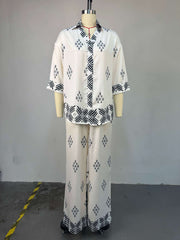 Vintage Print Loose Shirt And Wide Leg Pants Sets