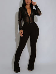 Sexy See Through Mesh Patchwork Long Sleeve Jumpsuit