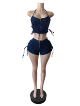 Sexy Lace-Up Denim Tube Vest And Shorts Casual Set