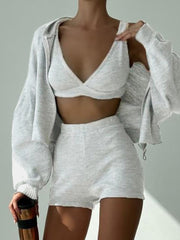 Casual Sports Yoga Ribbed Crop Top Jacket Shorts Sets