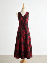 Vintage Print V Neck Sleeveless Belted Maxi Dress