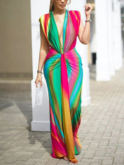 Fashion Print Gradient Color Deep V Sleeveless Dress