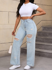 Casual High Waist Ripped Straight Leg Jeans