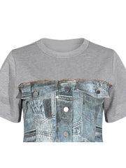 Casual Denim Print Patchwork Short Sleeve T-shirt