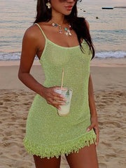 Sexy Backless Fringe Knit Slip Mini Dress