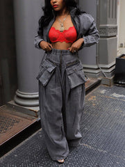 Casual Cropped Denim Jacket Cargo Jeans Two Piece Set