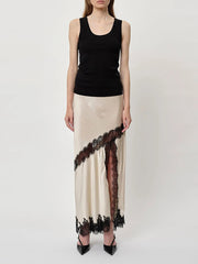 Fashion Satin Lace Patchwork Slit Long Skirt