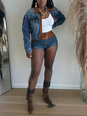 Retro Contrast Color Patchwork Denim Jacket Shorts Set