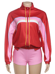 Long Sleeve Color Block Sport Jacket Shorts 2 Piece Set