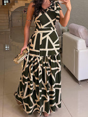Elegant Asymmetrical Neck Print Ruffles Maxi Dress