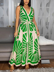 Fashion Deep V Print Sleeveless Bandage Maxi Dress