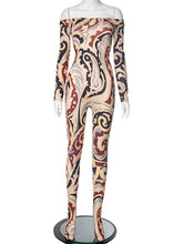 Sexy Print Patchwork Off Shoulder Skinny Jumpsuit