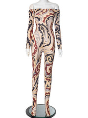 Sexy Print Patchwork Off Shoulder Skinny Jumpsuit