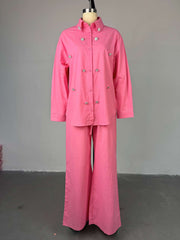 Casual Beading Embellishment Shirt Straight Pants Set