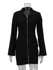 Elegant High Collar Zipper Slim Mini Dress