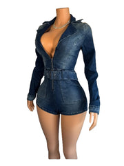 Casual Zipper Denim Romper