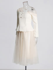 Elegant Sloping Shoulder Tops Tulle Skirt Sets