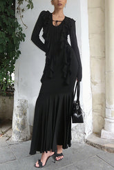 Elegant Lace-up Ruffle Slim Party Club Maxi Dress