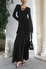 Elegant Lace-up Ruffle Slim Party Club Maxi Dress