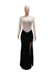 Round neck Rhinestone Split Maxi Evening Gown