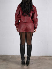Fashion Zip Faux Woven Leather Jacket Shorts Sets