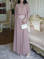 Elegant Stand Neck Rhinestone Top High Waist Skirt Sets