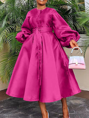 Elegant Satin Lantern Sleeve Bandage Party Maxi Dress