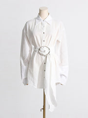 Solid Casual Patchwork Belt Lapel Blouse