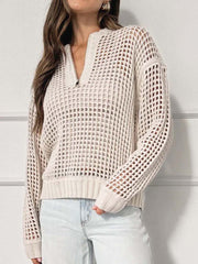Casual Half-Zip Long Sleeve Hollow Out Sweater