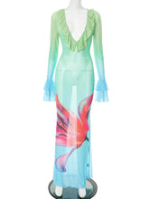 Sexy V Neck Ruffle Print Fitted Maxi Dress