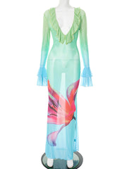 Sexy V Neck Ruffle Print Fitted Maxi Dress