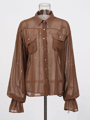 Fashion Turn-down Collar Mesh Shirt And Pants Set