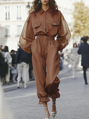 Fashion Turn-down Collar Mesh Shirt And Pants Set