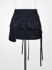 Low-rise Lace-up Cargo Denim Miniskirt