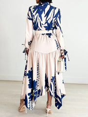 Fashion Lapel Print Cinched Waist Irregularity Dress
