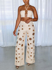Sexy Metal Ring Hollow Crop Top Wide Leg Pants Sets