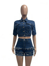 Casual Crop Denim Top Tassels Shorts Two Piece Set