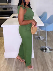 Bandage Shoulder Crop Top Wide Leg Pants Casual Set