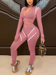 Casual Zipper Crop Top Tight Pants Sports Two Pieces