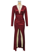 Fashion Metallic Color Deep V Ruched High Slit Dress