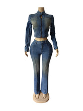Fashion Denim Zipper Jacket Two Piece Pants Set