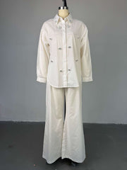 Casual Beading Embellishment Shirt Straight Pants Set