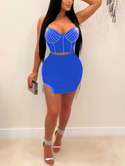 Sexy Spaghetti Strap Crop Top Tassels Skirts Sets