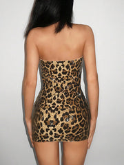 Leopard Print Sequin Cutout Strapless Party Dress