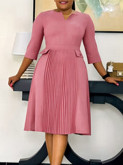 Business Casual Round Neck Slim Pleated Midi Dress