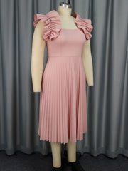 Petal Sleeve Square Neck Party Pleated Midi Dress