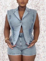 Denim Sleeveless Suit Collar Stretchy Waist Romper