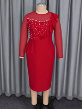 Crewneck Mesh Long Sleeve Ruffle Bodycon Midi Dress