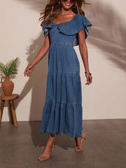 Off Shoulder Ruffle Tiered Casual Denim Dress